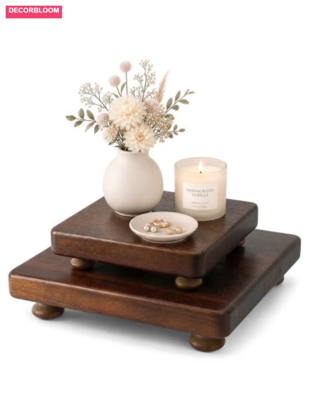 Acacia Wood 2-Piece Display Risers Set Rounded Corners Bun Feet Decor Stands